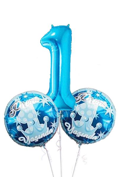Kazanabil Set of 3 1 Year Old Themed Foil Balloons Blue