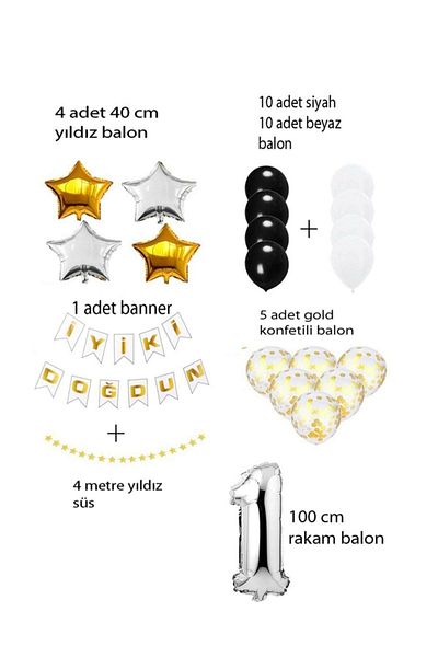Parti dolabı مجموعة حفلات عيد الميلاد باللون الفضي والأسود بعمر عام واحد