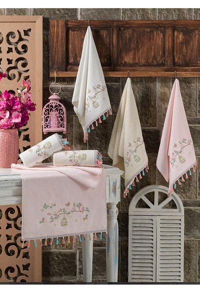 newhome Σετ πετσετών προίκας 6 τεμαχίων Fairy Tale Bird Κεντημένο με κρόσσια