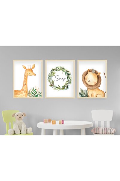 Ya&mu Tablosetleri 3 Adet 33 X 45cm Büyük Boy Ahşap Çerçeveli Bebek, Çocuk Od...