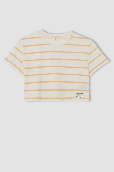 DeFacto Girl's Striped Crop Short Sleeve T-Shirt