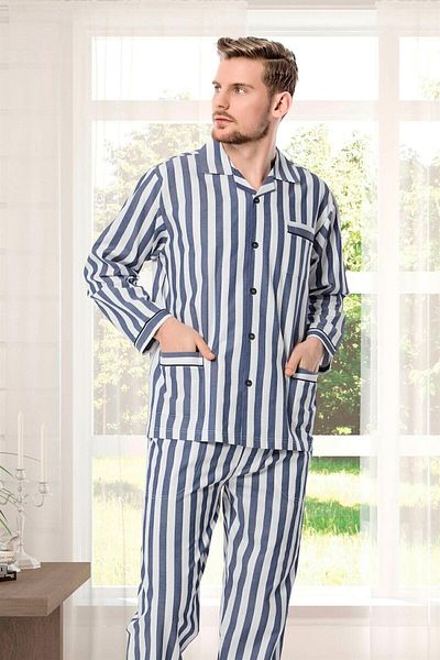SWATİ Navy Blue Striped Gaffur Men's Pajama Set - Poplin