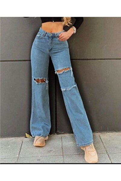 Ramrod Tmavě modré volné džínové kalhoty Palazzo s roztrhaným super vysokým pasem (POWER LYCRA)