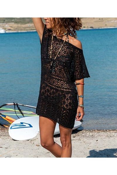 AQE FASHION Γυναικείο φόρεμα παραλίας με έναν ώμο με ανοιχτό δαντέλα πλεκτό μαύρο