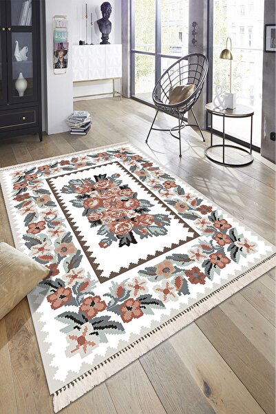 Modern home Çiçek Desenli Püskül Detaylı Dijital Baskı Antibakteriyel Halı Yo...