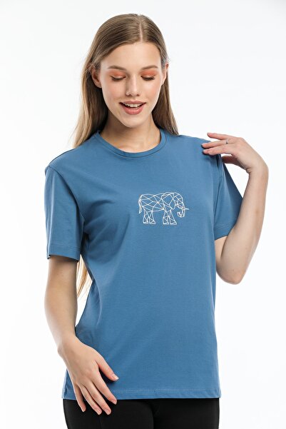 Argentum Look Women's Blue Elephant Embroidered 100% Cotton T-shirt