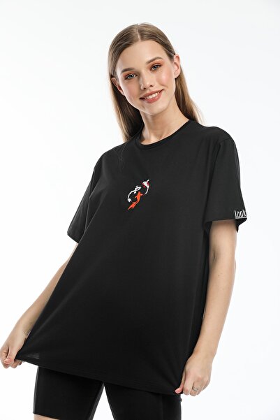 Argentum Look Black Koi Fish Embroidered 100% Cotton Women's T-Shirt