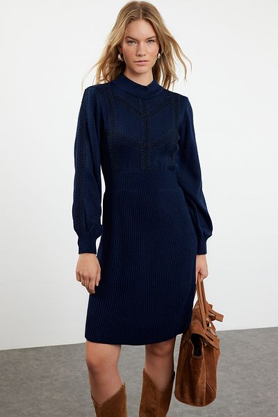 Trendyol Collection Sötétkék mini kötöttáru csipke ruha TWOAW22EL0011
