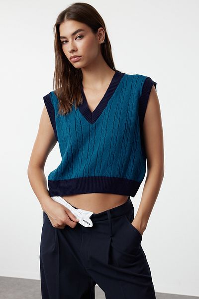 Trendyol Collection Petrol Crop Hair Knitwear Sweater Twoaw22Bz0060