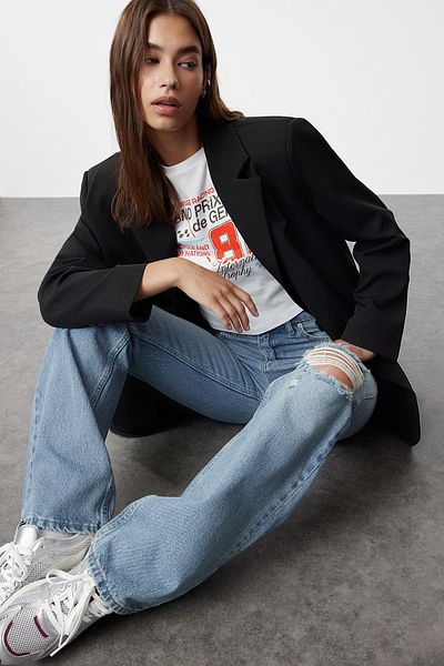Trendyol Collection Blugi evazați cu talie înaltă rupti albaștri TWOSS22JE0440