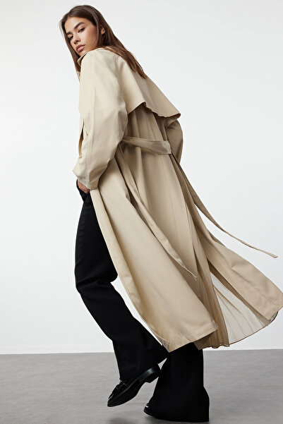 Trendyol Collection Beige Oversize Wide Cut Chiffon Detailed Pleated Trench Coat TWOSS24TR00019