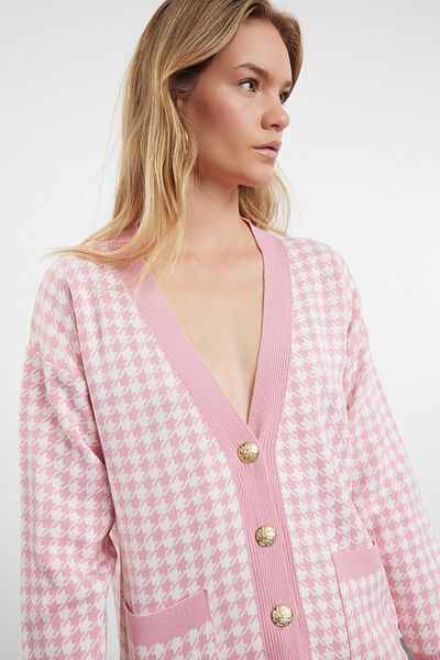 Trendyol Collection Rosa Strick-Cardigan mit weiter Passform - Hahnentrittmuster TWOAW22HI0179
