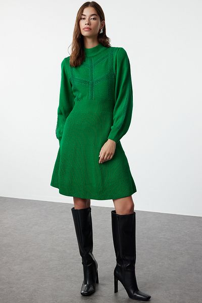 Trendyol Collection Πράσινο Μίνι Πλεκτό Δαντέλα Φόρεμα TWOAW22EL0011