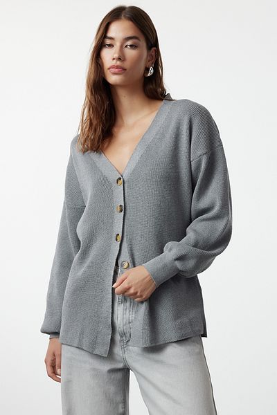 Trendyol Collection Gray V-Neck Knitwear Cardigan - TWOAW25HI00107