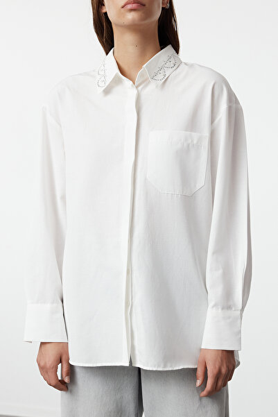 Trendyol Collection Ecru Stone Detailed Oversize Shirt - Striped on the Collar, Woven TWOAW25GO00026