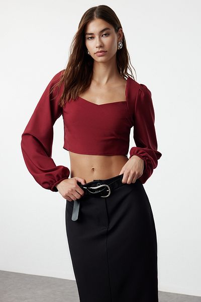Trendyol Collection Μπλούζα μπορντώ με μακρυμάνικο γιακά καρδιές - TWOSS21BZ0236