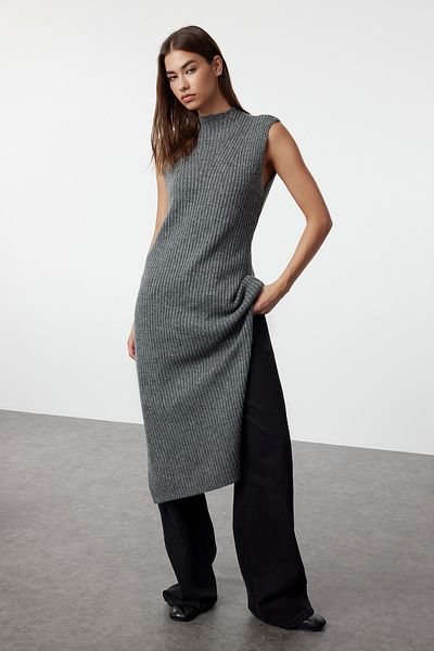 Trendyol Collection Stand Collar Anthracite Knitwear Sweater - Soft Texture Twoaw25Sv00011