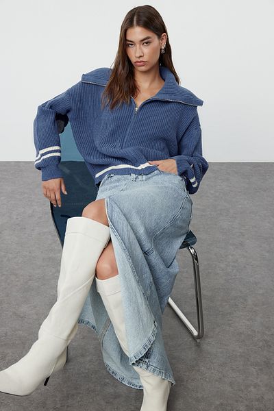 Trendyol Collection Cardigan de tricotaj cu dungi albastre cu guler răsturnat - TWOAW25HI00038
