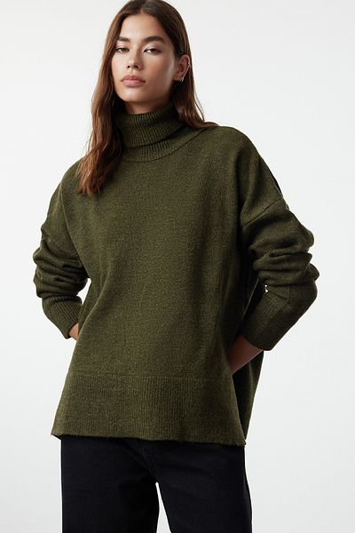 Trendyol Collection Széles szabású khaki kötöttáru pulóver - puha textúra TWOAW20XS0026
