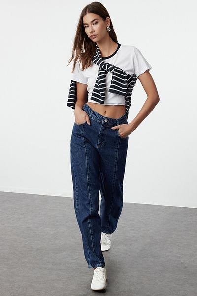 Trendyol Collection Blugi Blue Barrel Talie Înaltă - Cu Detaliu Cusătură TWOAW25JE00061