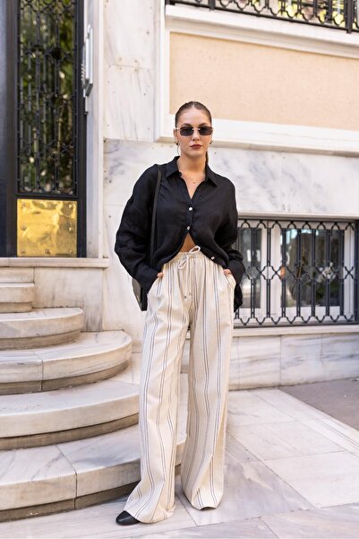 Askı Nişantaşı Pruhované plátěné kalhoty v pase s širokými kameny