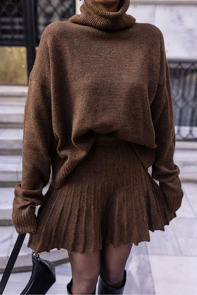 Askı Nişantaşı Coffee Turtleneck Knitwear Skirt Set