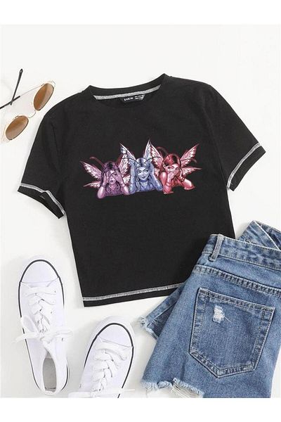 Touz Blunt Blunt Winged Girls Printed Reverse Stitch Black Crop