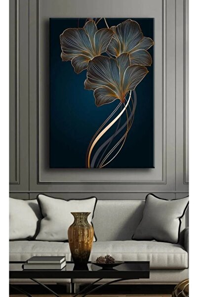 Şehzat Design Lacivert Gold Çiçek Kanvas Tablo Salon Oturma Yatak Odası Ofis ...