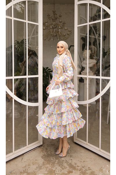 HELEN Floral Patterned Pleat Detailed Waist Belted Dress