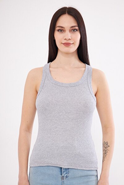 Urikem Women's Gray Ribbed Lycra T-Shirt Halter Neck Knitted Undershirt