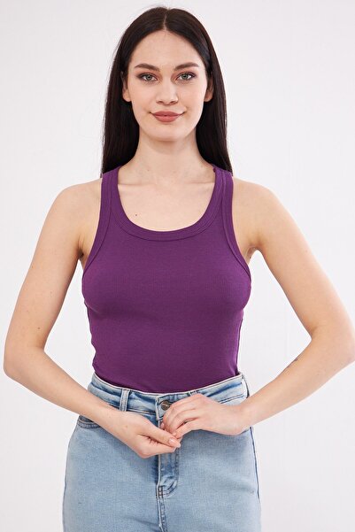 Urikem Women's Purple Ribbed Lycra T-Shirt Halter Neck Knitted Undershirt