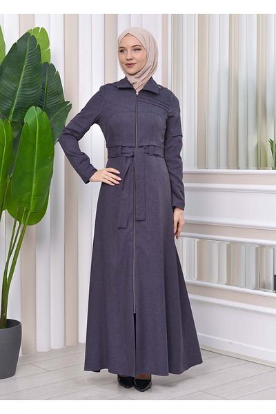 Modamix Zippered front Hooded-Belt Hijab Overcoat 1212