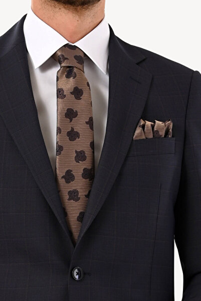 Ysf Erkek Lacivert Kahve Kareli Klasik Takım Elbise