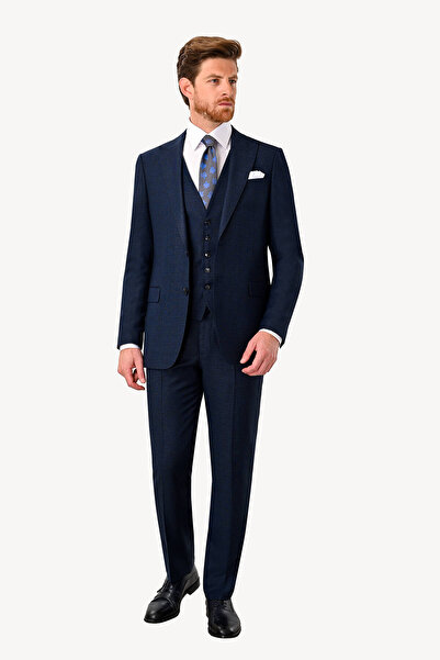 Ysf Erkek Lacivert Regular Fit Sivri Yaka Yelekli Takım Elbise