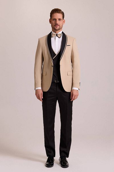 Ysf Men's Beige Slim Fit Shawl Collar Vest Groom Suit