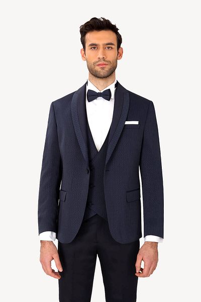 Ysf Men's Navy Blue Slim Fit Vest and Dislocation Shawl Collar Groom Suit