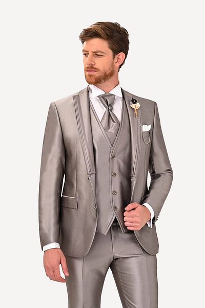 Ysf Men's Gray Swallow Collar Vest Patterned Slim Fit Groom Suit
