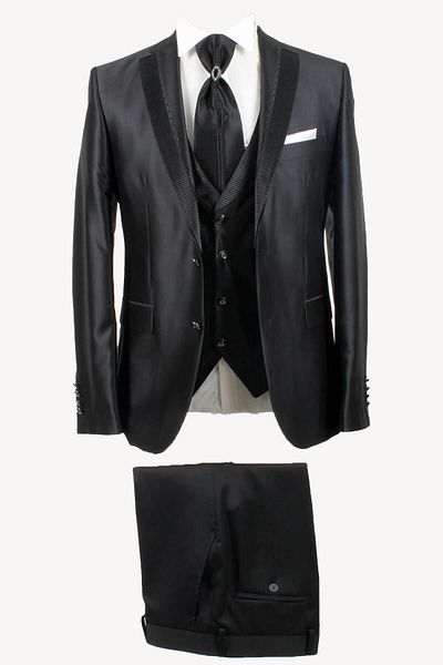 Ysf Men's Black Vest Shawl Collar Slim Fit Groom Suit