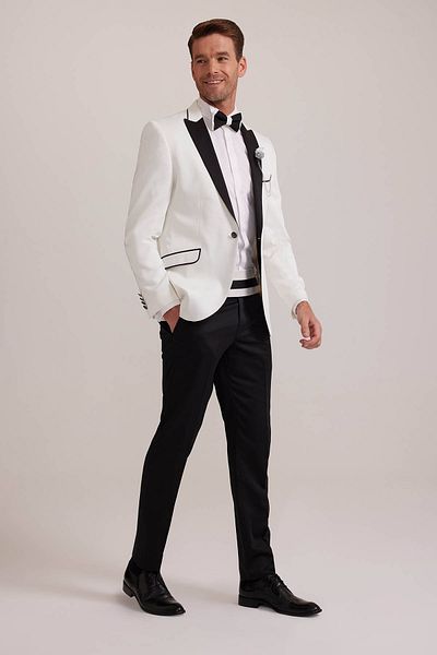 Ysf Men's Cream Swallow Collar Slim Fit Groom Suit