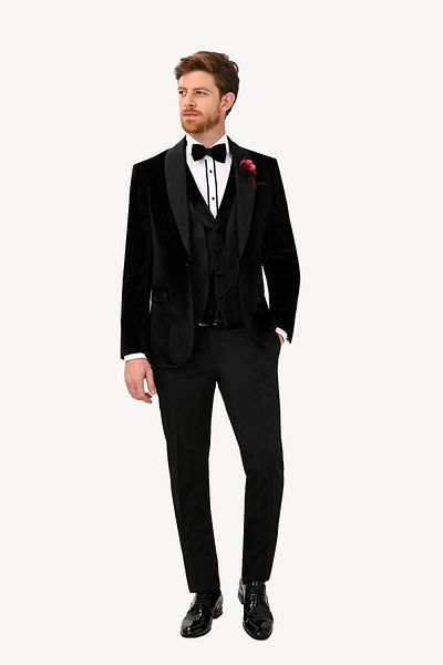 Ysf Men's Black Vest Shawl Collar Slim Fit Groom Suit