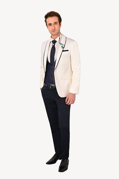 Ysf Men's Cream Slim Fit Mono Collar Vest Groom Suit