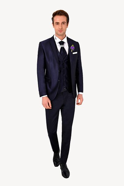 Ysf Men's Navy Blue Slim Fit Mono Collar Vest Groom Suit