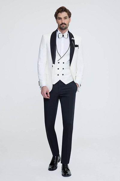 Ysf Men's White Slim Fit Shawl Collar Patterned Groom Suit