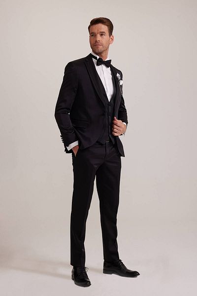 Ysf Men's Black Vest Swallow Collar Slim Fit Groom Suit