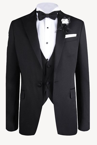 Ysf Men's Black Swallow Collar Vest Slim Fit Patterned Groom Suit