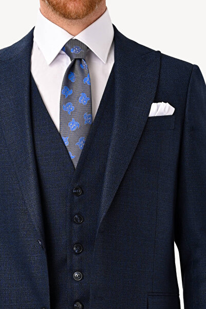 Ysf Erkek Lacivert Regular Fit Sivri Yaka Yelekli Takım Elbise