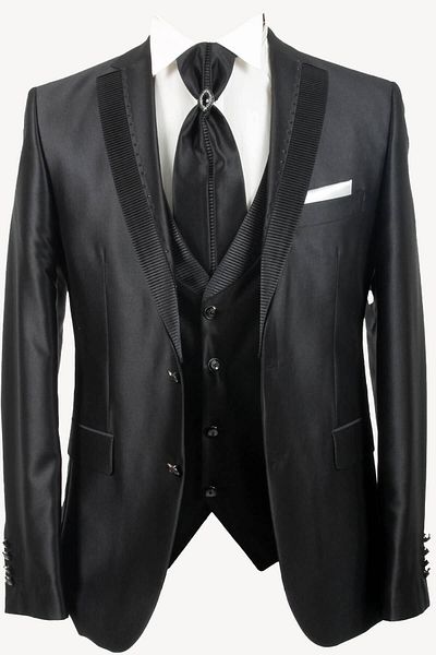 Ysf Men's Black Vest Shawl Collar Slim Fit Groom Suit