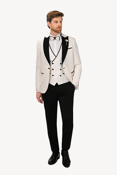 Ysf Men's White Groom Suit Slim Fit Swallow Collar Patterned