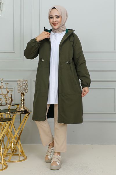 Moda Ebva Tie Waist Hooded Trench Coat-1905 Khaki green