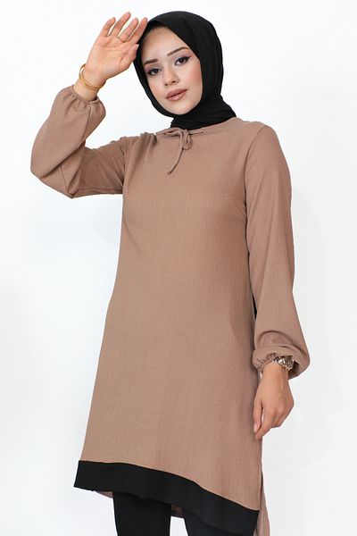 Moda Ebva Hijab Tunic with Elastic Sleeves-3160 Mink